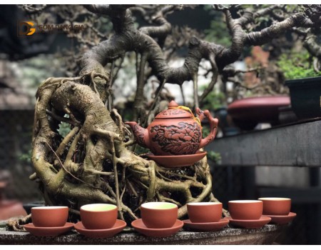 Bộ ấm chén tử sa đắp tay men nâu, khắc nổi hoa S2 Bộ ấm chén tử sa đắp tay men nâu, khắc nổi hoa S2