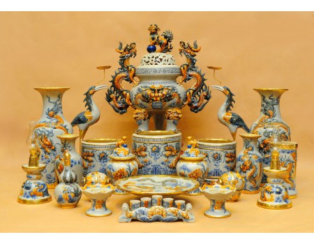 Bộ đồ thờ men rạn đắp nổi, bọc vàng S5 Bộ đồ thờ men rạn đắp nổi, bọc vàng S5