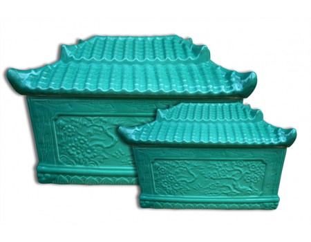 Bộ bình tro quách men xanh hoa nổi S2 Bộ bình tro quách men xanh hoa nổi S2