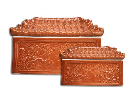 Bộ bình tro quách men nâu hoa nổi S4 Bộ bình tro quách men nâu hoa nổi S4