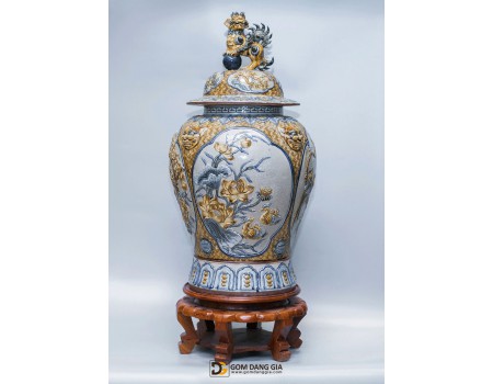 Chóe men rạn đắp nổi sen vàng 60L Chóe men rạn đắp nổi sen vàng 60L