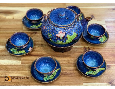 Bộ ấm chén men hỏa biến xanh vẽ sen S1 Bộ ấm chén men hỏa biến xanh vẽ sen S1