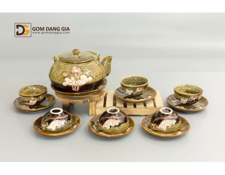 Bộ ấm chén men hỏa biến dáng ấm niêu da báo vẽ hoa sen Bộ ấm chén men hỏa biến dáng ấm niêu da báo vẽ hoa sen