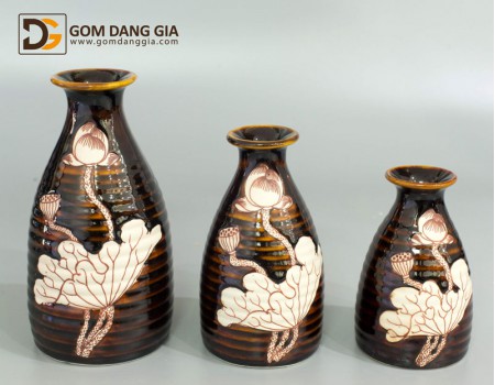 Bình hoa men hỏa biến màu nâu vẽ sen trắng S2 Bình hoa men hỏa biến màu nâu vẽ sen trắng S2