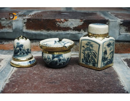 Bộ phụ kiện thưởng trà men rạn giả cổ vẽ sơn thủy bọc đồng Bộ phụ kiện thưởng trà men rạn giả cổ vẽ sơn thủy bọc đồng