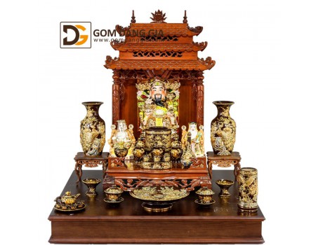 Bộ đồ thờ thần tài thổ địa vẽ vàng nền men nâu Bộ đồ thờ thần tài thổ địa vẽ vàng nền men nâu
