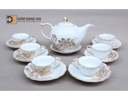 Bộ trà chóp lửa Bát Tràng chỉ vàng kim vẽ sen S2 Bộ trà chóp lửa Bát Tràng chỉ vàng kim vẽ sen S2