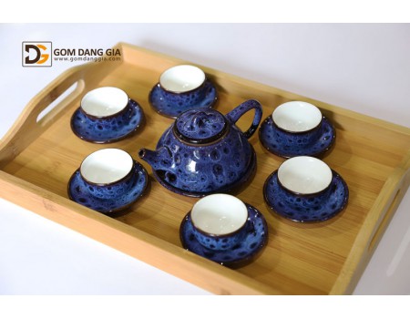 Bộ ấm trà Bát Tràng men hỏa biến xanh đốm S5 có khay. Bộ ấm trà Bát Tràng men hỏa biến xanh đốm S5 có khay.
