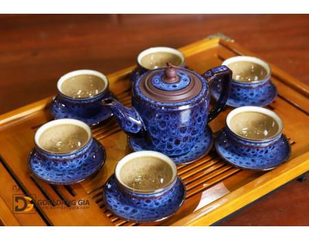 Bộ ấm trà Bát Tràng men hỏa biến xanh đốm báo dáng ấm trụ cao có khay.