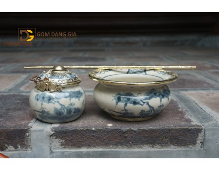 Điếu bát men rạn giả cổ vẽ sơn thủy bọc đồng Điếu bát men rạn giả cổ vẽ sơn thủy bọc đồng