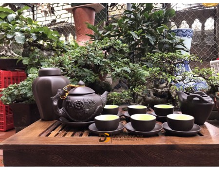 Bộ ấm chén tử sa đắp tay, đắp nổi hoa mẫu đơn Bộ ấm chén tử sa đắp tay, đắp nổi hoa mẫu đơn