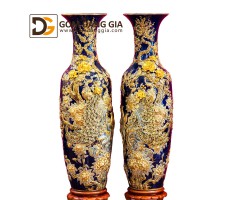 Lọ lộc bình Bát Tràng men xanh, đắp nổi dát vàng công danh