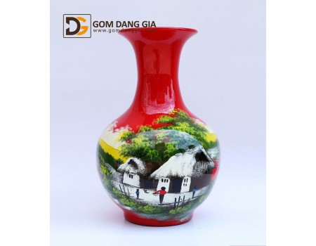 Lọ tỏi Bát Tràng nền đỏ vẽ cảnh đồng quê S5 Lọ tỏi Bát Tràng nền đỏ vẽ cảnh đồng quê S5