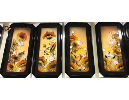 Tranh sứ khung Bát Tràng họa tiết hoa sen tứ cảnh Tranh sứ khung Bát Tràng họa tiết hoa sen tứ cảnh