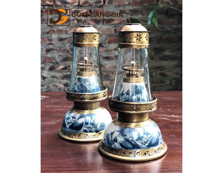 Đèn dầu men rạn giả cổ bọc đồng dáng bát úp Đèn dầu men rạn giả cổ bọc đồng dáng bát úp