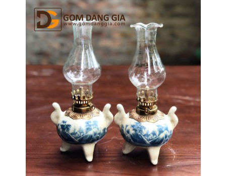 Đèn dầu ba chân men rạn giả cổ bọc đồng Đèn dầu ba chân men rạn giả cổ bọc đồng