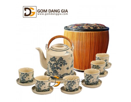 Bộ ấm tích và giỏ ủ vẽ cảnh sơn thủy men rạn giả cổ Bộ ấm tích và giỏ ủ vẽ cảnh sơn thủy men rạn giả cổ