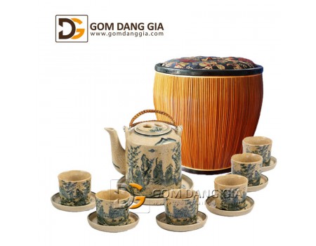 Bộ ấm tích và giỏ ủ vẽ cảnh trúc lâm thất hiền men rạn giả cổ Bộ ấm tích và giỏ ủ vẽ cảnh trúc lâm thất hiền men rạn giả cổ